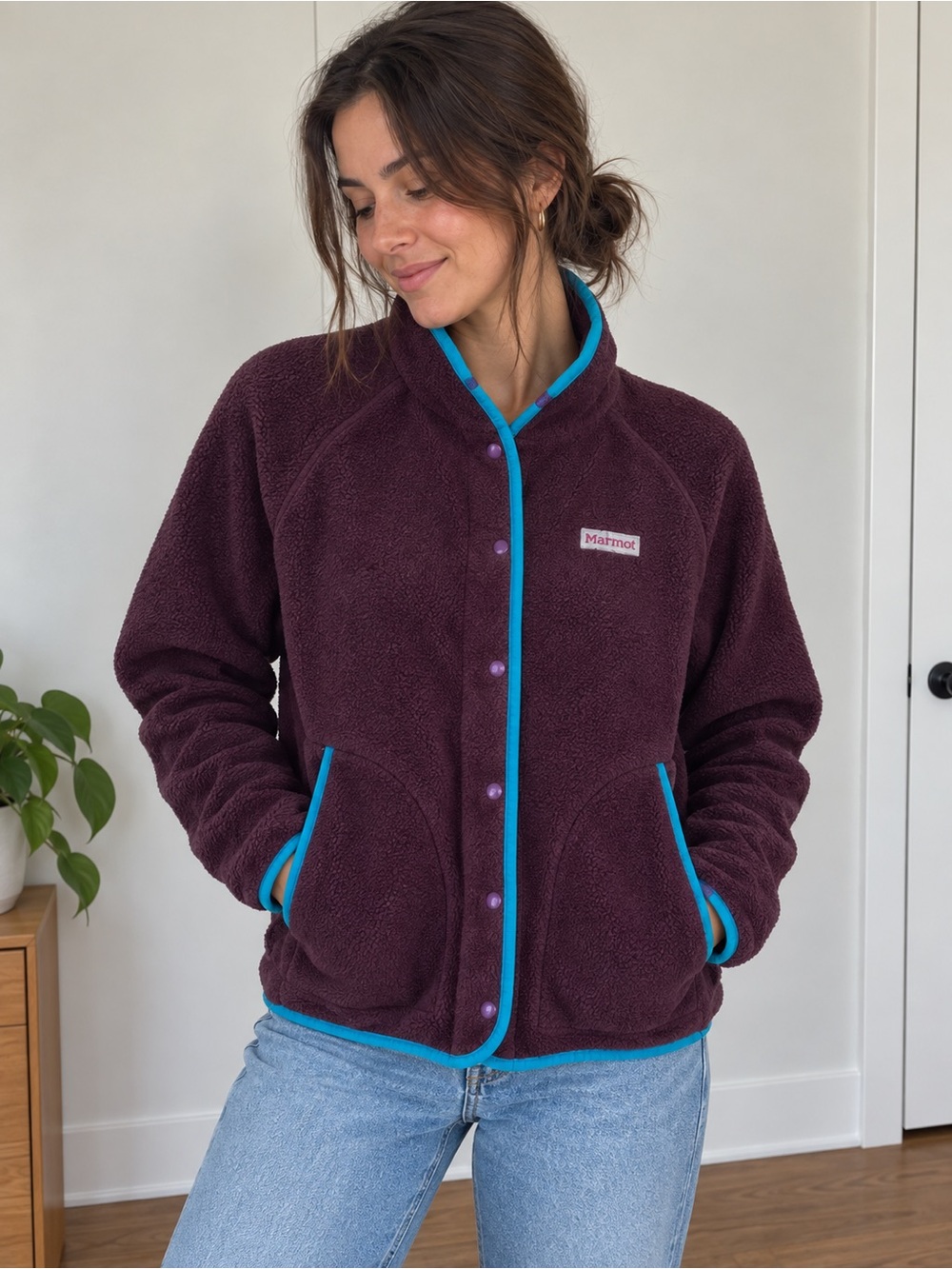 Marmot Women's Plum Teddy Fleece Jacket with Turquoise Trim